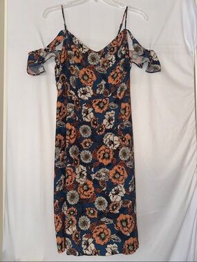 Astr Navy Cold-Shoulder Floral Midi Dress with Orange Blooms